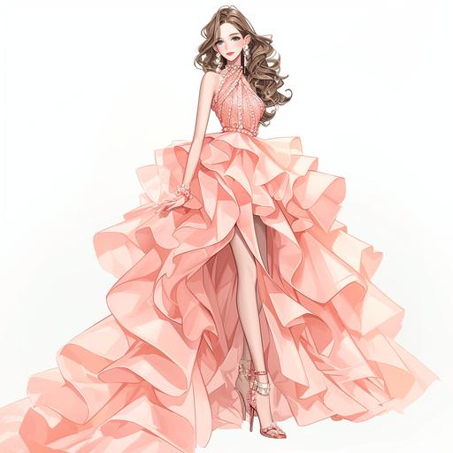 Full body look of a beautiful female model with cute hairstyle wearing pearl accessories, she was wearing a pink coral asymmetric ruffle dress, with pearl-embellished. A lovely and gentle style, hand-drwan style, refined illustration, rich details, on white background. seed 778589009 --niji 6