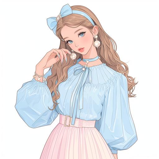 Full body look of a beautiful female model with cute hairstyle wearing pearl headbands, she was wearing a queen pink and baby blue ribbon-tied puff-sleeve blouse and a pleated skirt, with peal-embellished. A lovely and gentle style, hand-drwan style, refined illustration, rich details, on white background. seed 778589009 --niji 6