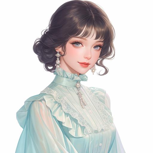 Full body look of a beautiful female model with cute hairstyle wearing pearl accessories, she was wearing a baby blue and cream ruffle collar shirt dress, with pearl-embellished. A lovely and gentle style, hand-drwan style, refined illustration, rich details, on white background. seed 778589009 --niji 6
