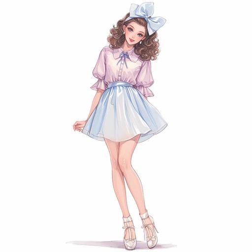 Full body look of a beautiful female model with cute hairstyle wearing bow headbands, she was wearing a queen pink and baby blue ribbon-tied blouse and a-line skirt, with peal-embellished. A lovely and gentle style, hand-drawn style, refined illustration, rich details, on white background. seed 778589009 --niji 6