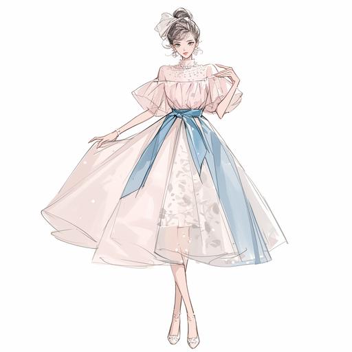 Full body look of a beautiful female model with cute hairstyle wearing pearl headbands, she was wearing a queen pink and baby blue ribbon-tied blouse and a-line skirt, with peal-embellished. A lovely and gentle style, hand-drwan style, refined illustration, rich details, on white background. seed 778589009 --niji 6