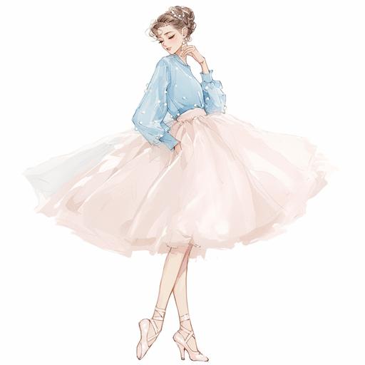 Full body look of a beautiful female model with cute hairstyle wearing pearl accessories, she was wearing a baby blue and coral pink ballet wrap sweater and tulle skirt, with pearl-embellished. A lovely and gentle style, hand-drwan style, refined illustration, rich details, on white background. seed 778589009 --niji 6