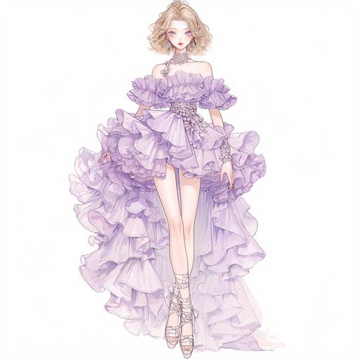 Full body look of a beautiful female model with cute hairstyle wearing pearl accessories, she was wearing a pearly purple and queen pink mini floral cocktail ruffle dress with pearl-embellished. A lovely and gentle style, hand-drwan style, refined illustration, rich details, on white background. seed 778589009 --niji 6