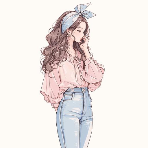 Full body look of a beautiful female model with cute hairstyle wearing pearl headbands, she was wearing a queen pink and baby blue ribbon-tied blouse and denim pants, with peal-embellished. A lovely and gentle style, hand-drwan style, refined illustration, rich details, on white background. seed 778589009 --niji 6