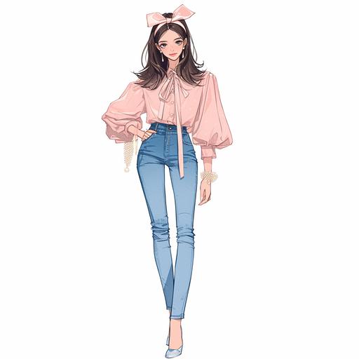 Full body look of a beautiful female model with cute hairstyle wearing pearl headbands, she was wearing a queen pink and baby blue ribbon-tied blouse and denim pants, with peal-embellished. A lovely and gentle style, hand-drwan style, refined illustration, rich details, on white background. seed 778589009 --niji 6