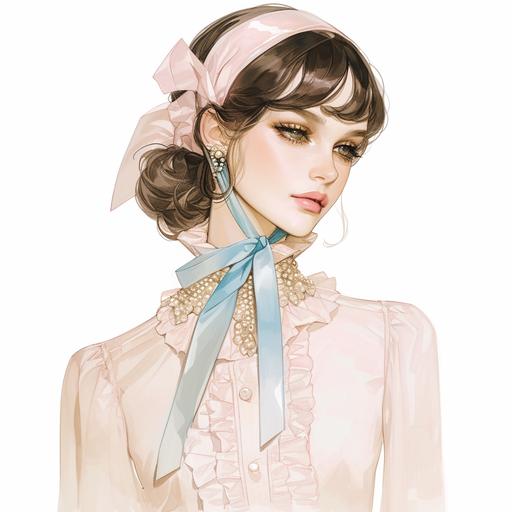Full body look of a beautiful female model with cute hairstyle wearing pearl headbands, she was wearing a queen pink and baby blue ribbon-tied blouse and a-line skirt, with peal-embellished. A lovely and gentle style, hand-drwan style, refined illustration, rich details, on white background. seed 778589009 --niji 6