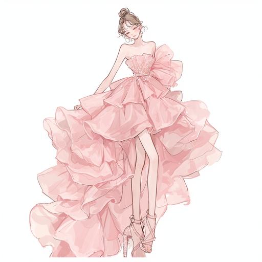 Full body look of a beautiful female model with cute hairstyle wearing pearl accessories, she was wearing a pink coral asymmetric ruffle dress, with pearl-embellished. A lovely and gentle style, hand-drwan style, refined illustration, rich details, on white background. seed 778589009 --niji 6