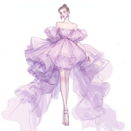 Full body look of a beautiful female model with cute hairstyle wearing pearl accessories, she was wearing a pearly purple and queen pink mini floral cocktail ruffle dress with pearl-embellished. A lovely and gentle style, hand-drwan style, refined illustration, rich details, on white background. seed 778589009 --niji 6