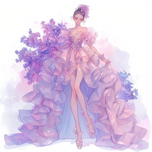 Full body look of a beautiful female model with cute hairstyle wearing pearl accessories, she was wearing a pearly purple and queen pink mini floral cocktail ruffle dress with pearl-embellished. A lovely and gentle style, hand-drwan style, refined illustration, rich details, on white background. seed 778589009 --niji 6