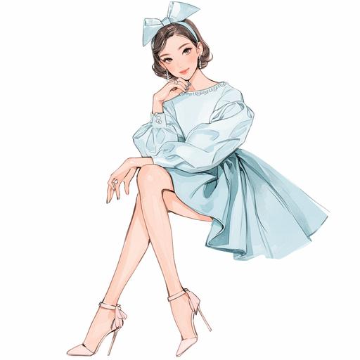 Full body look of a beautiful female model with cute hairstyle wearing pearl headbands, she was wearing a queen pink and baby blue ribbon-tied puff-sleeve blouse and a pleated skirt, with peal-embellished. A lovely and gentle style, hand-drwan style, refined illustration, rich details, on white background. seed 778589009 --niji 6