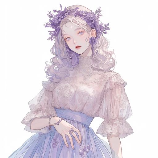 Full body look of a beautiful female model with cute hairstyle wearing floral headbands, she was wearing a blush pink and lavender blue chiffon blouse and tiered lace skirt, with peal-embellished. A lovely and gentle style, refined illustration, rich details, on white background. seed 778589009 --niji 6