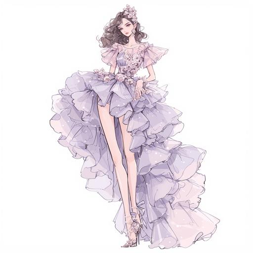 Full body look of a beautiful female model with cute hairstyle wearing pearl accessories, she was wearing a pearly purple and queen pink mini floral cocktail ruffle dress with pearl-embellished. A lovely and gentle style, hand-drwan style, refined illustration, rich details, on white background. seed 778589009 --niji 6