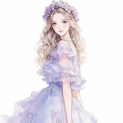 Full body look of a beautiful female model with cute hairstyle wearing floral headbands, she was wearing a blush pink and lavender blue chiffon blouse and tiered lace skirt, with peal-embellished. A lovely and gentle style, refined illustration, rich details, on white background. seed 778589009 --niji 6