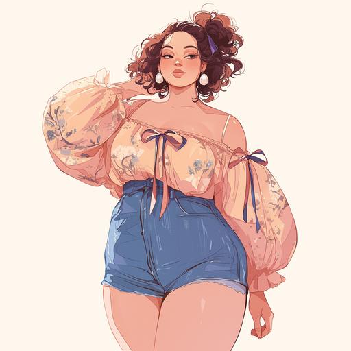 Full body look of a beautiful plus size female model with cute messy bun with face-framing curls hairstyle wearing ribbon accessories, wearing a pastel-colored cold shoulder knit top and mini high-waisted denim short, with pearl-embellished. A lovely and gentle style, hand-drawn style, refined illustration, rich details, on white background. --niji 6