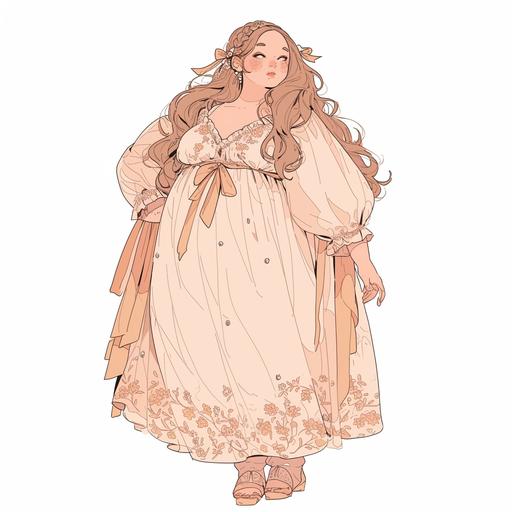 Full body look of a beautiful plus size female model with cute side braid hairstyle wearing ribbon accessories, wearing a pastel-colored chiffon dress, with pearl-embellished. A lovely and gentle style, hand-drawn style, refined illustration, rich details, on white background. --niji 6