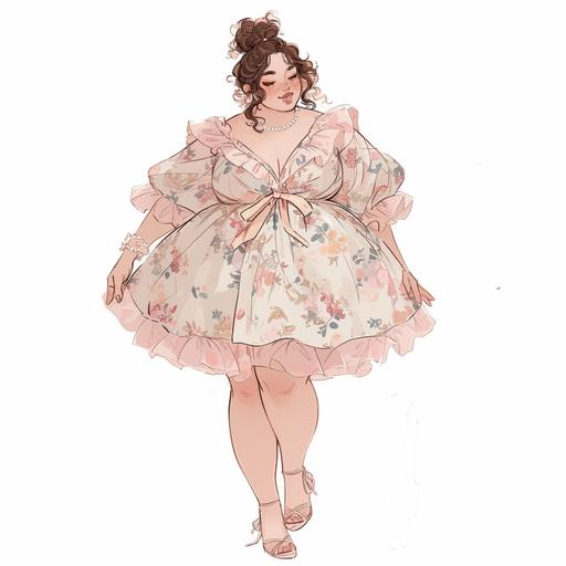 Full body look of a beautiful plus size female model with cute messy bun with face-framing curls hairstyle wearing ribbon accessories, wearing a pastel-colored floral peplum ruffle dress, with pearl-embellished. A lovely and gentle style, hand-drawn style, refined illustration, rich details, on white background. --niji 6