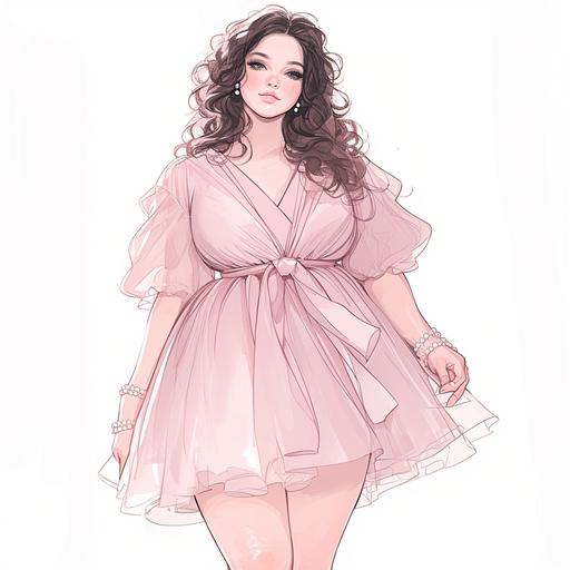 Full body look of a beautiful plus size female model with cute messy side braid hairstyle wearing ribbon accessories, wearing a pastel-colored v-neck ruffle dress, with pearl-embellished. A lovely and gentle style, hand-drawn style, refined illustration, rich details, on white background. --niji 6