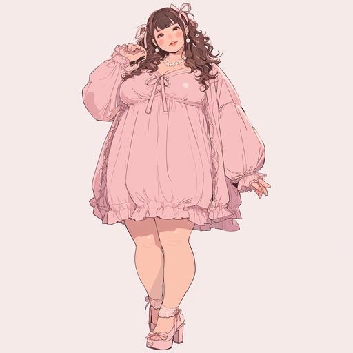 Full body look of a beautiful plus size female model with cute messy side braid hairstyle wearing ribbon accessories, wearing a pastel-colored v-neck ruffle dress, with pearl-embellished. A lovely and gentle style, hand-drawn style, refined illustration, rich details, on white background. --niji 6