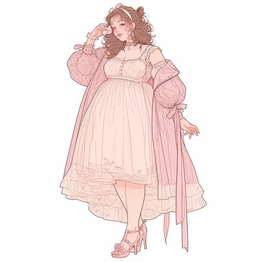 Full body look of a beautiful plus size female model with cute side braid hairstyle wearing ribbon accessories, wearing a pastel-colored chiffon dress, with pearl-embellished. A lovely and gentle style, hand-drawn style, refined illustration, rich details, on white background. --niji 6
