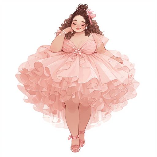 Full body look of a beautiful plus size female model with cute messy bun with face-framing curls hairstyle wearing ribbon accessories, wearing a pastel-colored asymmetric ruffle dress, with pearl-embellished. A lovely and gentle style, hand-drawn style, refined illustration, rich details, on white background. --niji 6