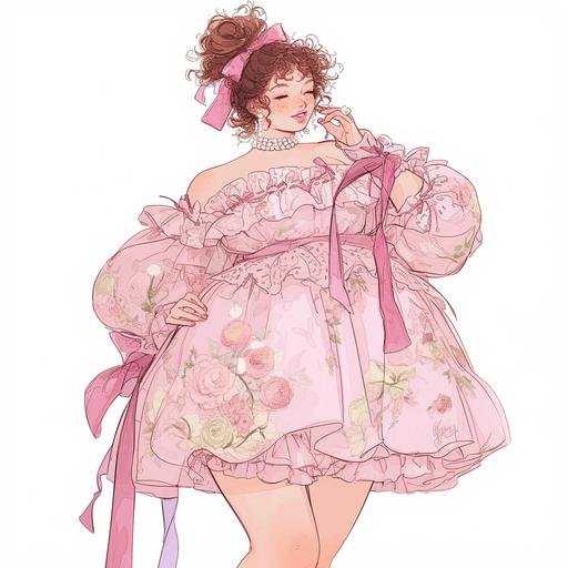 Full body look of a beautiful plus size female model with cute messy bun with face-framing curls hairstyle wearing ribbon accessories, wearing a pastel-colored floral peplum ruffle dress, with pearl-embellished. A lovely and gentle style, hand-drawn style, refined illustration, rich details, on white background. --niji 6