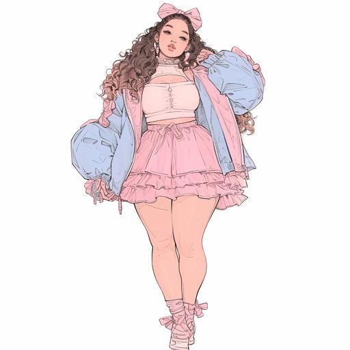 Full body look of a beautiful plus sized female model with cute braided hairstyle wearing bow accessories, she was wearing a baby blue and queen pink crop cardigan and a mini ruffle skirt with bow details. A lovely and gentle style, hand-drawn style, refined illustration, rich details, on white background. --niji 6