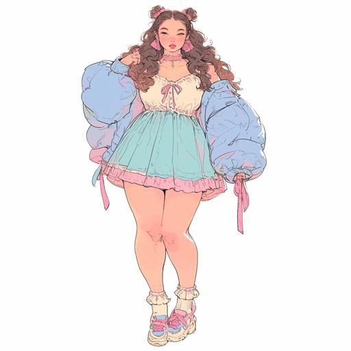 Full body look of a beautiful plus-sized female model with cute braided hairstyle wearing bow accessories, she was wearing a baby blue and queen pink crop cardigan and a mini ruffle skirt with bow details. A lovely and gentle style, hand-drawn style, refined illustration, rich details, on white background. --niji 6
