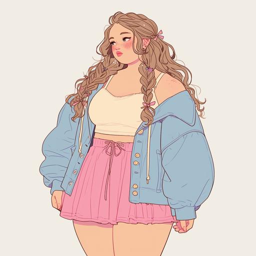 Full body look of a beautiful plus sized female model with cute braided hairstyle wearing bow accessories, she was wearing a baby blue and queen pink crop cardigan and a mini ruffle skirt with bow details. A lovely and gentle style, hand-drawn style, refined illustration, rich details, on white background. --niji 6