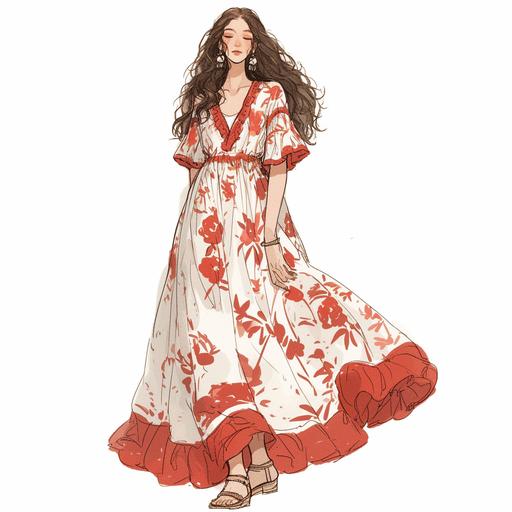 Full body look of a female model with brown hair wearing falu red and alabaster color boho midi dress fashion clothing. A lovely and gentle style, hand-drawn style, refined illustration, rich details, on white background --niji 6