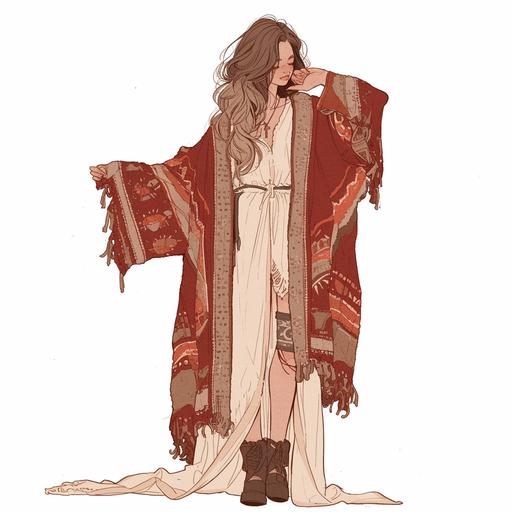 Full body look of a female model with brown hair wearing falu red and khaki boho crochet fashion clothing. A lovely and gentle style, hand-drawn style, refined illustration, rich details, on white background --niji 6