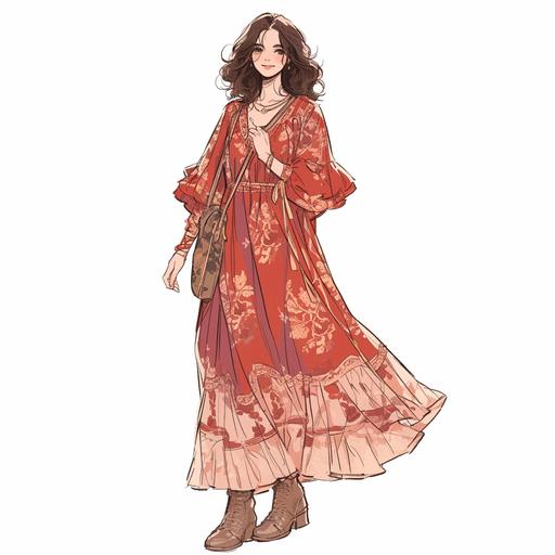 Full body look of a female model with brown hair wearing falu red and alabaster color boho midi dress fashion clothing. A lovely and gentle style, hand-drawn style, refined illustration, rich details, on white background --niji 6