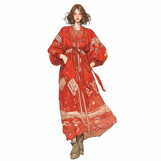 Full body look of a female model with brown hair wearing falu red and alabaster color boho midi dress fashion clothing. A lovely and gentle style, hand-drawn style, refined illustration, rich details, on white background --niji 6