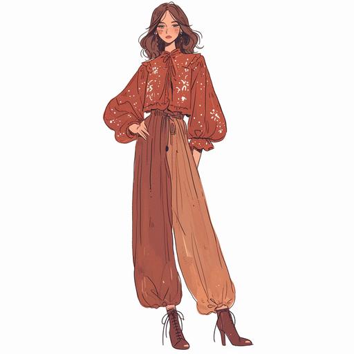 Full body look of a female model with brown hair wearing falu red and khaki boho crochet fashion clothing. A lovely and gentle style, hand-drawn style, refined illustration, rich details, on white background --niji 6