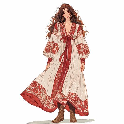 Full body look of a female model with brown hair wearing falu red and alabaster color boho midi dress fashion clothing. A lovely and gentle style, hand-drawn style, refined illustration, rich details, on white background --niji 6