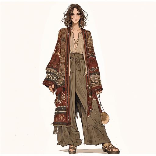 Full body look of a female model with brown hair wearing falu red and khaki boho crochet fashion clothing. A lovely and gentle style, hand-drawn style, refined illustration, rich details, on white background --niji 6