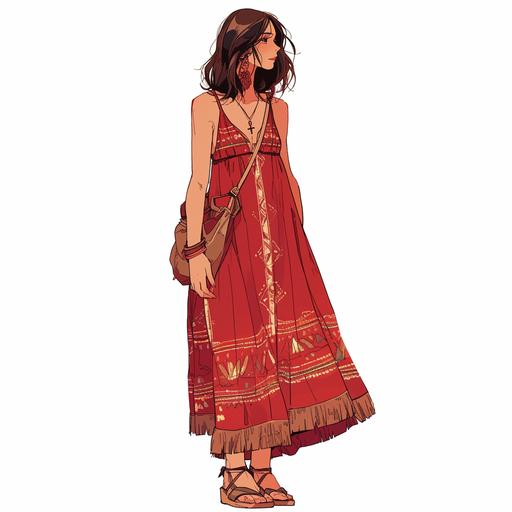 Full body look of a female model with brown hair wearing falu red and alabaster color boho midi dress fashion clothing. A lovely and gentle style, hand-drawn style, refined illustration, rich details, on white background --niji 6