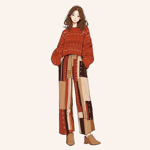 Full body look of a female model with brown hair wearing falu red and khaki boho crochet fashion clothing. A lovely and gentle style, hand-drawn style, refined illustration, rich details, on white background --niji 6