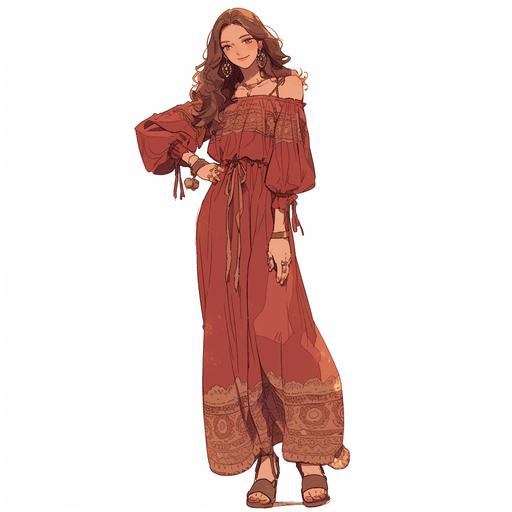 Full body look of a female model with brown hair wearing falu red and khaki boho crochet fashion clothing. A lovely and gentle style, hand-drawn style, refined illustration, rich details, on white background --niji 6