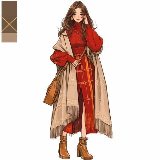 Full body look of a female model with brown hair wearing falu red and khaki boho crochet fashion clothing. A lovely and gentle style, hand-drawn style, refined illustration, rich details, on white background --niji 6