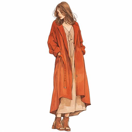 Full body look of a female model with brown hair wearing falu red and alabaster color boho midi dress fashion clothing. A lovely and gentle style, hand-drawn style, refined illustration, rich details, on white background --niji 6