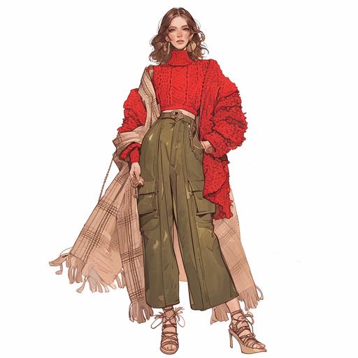 Full body look of a female model with brown hair wearing falu red and khaki boho crochet fashion clothing. A lovely and gentle style, hand-drawn style, refined illustration, rich details, on white background --niji 6