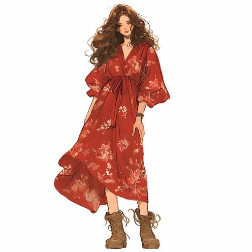 Full body look of a female model with brown hair wearing falu red and alabaster color boho midi dress fashion clothing. A lovely and gentle style, hand-drawn style, refined illustration, rich details, on white background --niji 6