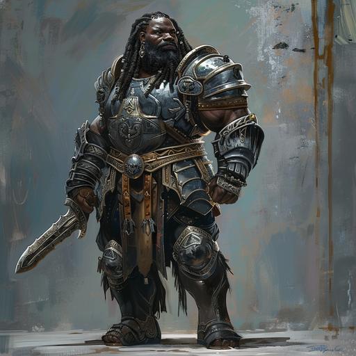 Full body male African dwarf wearing Paladin heavy armour, black coloured dreadlocks, black braided long thick dwarf beard, ebony coloured skin, Idris Elba appearance, masculine, short and stocky appearance, silver and bronze coloured armour, knight, highly detailed, forgotten realms style concept art, Tom abbey art style, full body, dungeons and dragons dwarf, African appearance, dwarf physique, short, strong