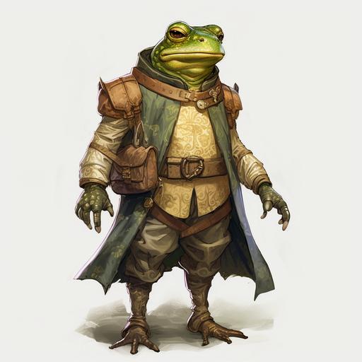 Full body male anthropomorphic Frog wearing fantasy medieval eccentric swamp costume, green coloured frog skin, anthropomorphic amphibian, Forgotten realms inspired bullywug, frog eyes, frog hands, frog feet, traditional medieval southeast Asian costume, highly detailed, magical, dungeons and dragons bullywug inspired, barefoot, forgotten realms style character concept art, magical, full body, amphibian features, Tom Babbey art style, colourful attire