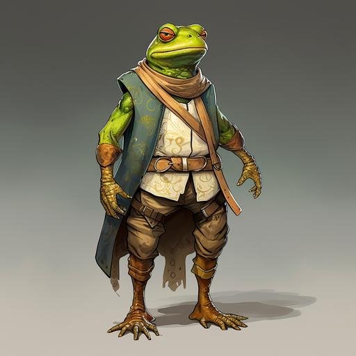 Full body male anthropomorphic Frog wearing fantasy vibrant pre-colonial traditional Filipino costume, green coloured frog skin, anthropomorphic amphibian, Forgotten realms inspired bullywug, frog eyes, frog feet, traditional medieval southeast Asian costume, highly detailed, magical, dungeons and dragons bullywug inspired, barefoot, forgotten realms style character concept art, magical, full body, amphibian features, Tom Babbey art style, eccentric