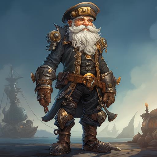 Full body male gnome captain wearing fantasy mediaeval steampunk captain outfit, short gnome physique, steampunk captain outfit, gnome beard and curly moustache, eccentric, highly detailed, forgotten realms style concept art, Tom Abbey art style, attractive, aeronautical steampunk captain, steampunk captain boots, wise, gnome appearance, adventurer