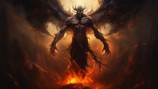 Full body of an omnipotent evil God with anger in his eyes controling the human race through fear and lies, people hipnotized and afraid under his strains and power, fantasy --ar 16:9