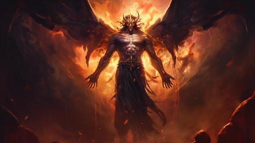 Full body of an omnipotent evil God with anger in his eyes controling the human race through fear and lies, people hipnotized and afraid under his strains and power, fantasy --ar 16:9