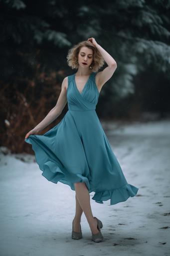 Full body photograph of a woman with icy blue eyes wearing a short blue dress and high heels in the winter, dancing gracefully --ar 2:3 --v 5