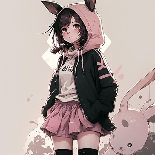 Full body picture of Anime style feng min wearing pink hoodie with full lop ears on the hood. Pink skirt, and thin black pants below the skirt. White boots with pink shoelaces, dark hair.